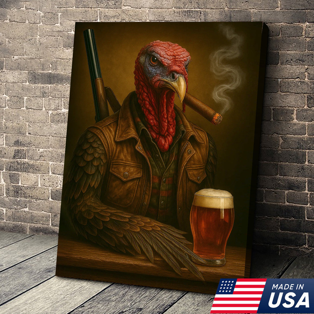 Wild Turkey Canvas Wall Art – Surreal Hunter Portrait with Beer Glass, Rustic Lodge Decor