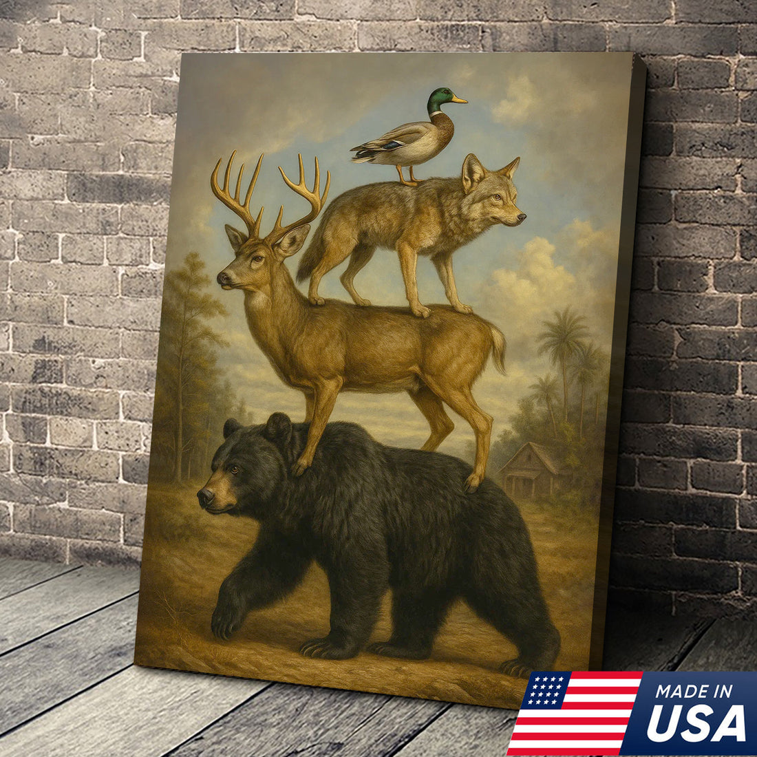 Epic Wildlife Stacking Canvas Wall Art – Bear, Deer, Coyote & Duck – Rustic Hunting Cabin Decor