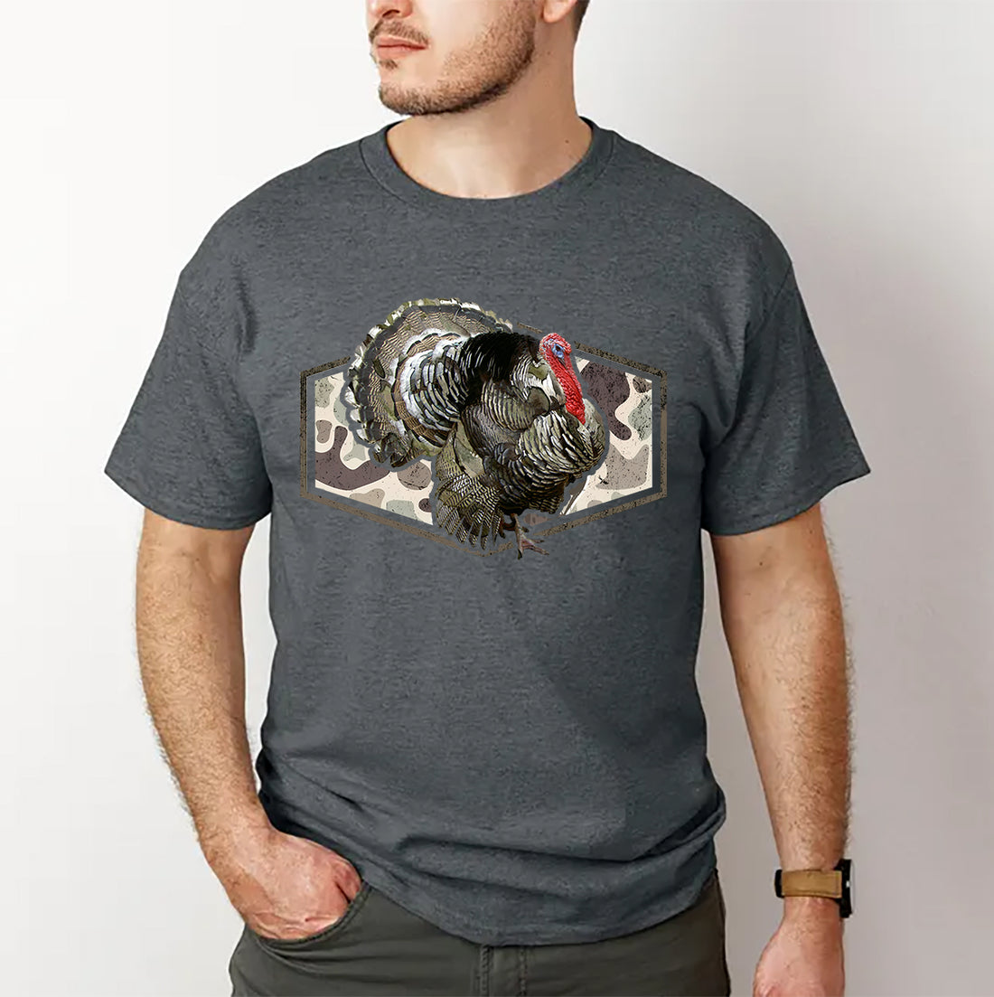 Wild Turkey Hunting T-Shirt – Camo Print Crewneck for Outdoorsmen & Hunters