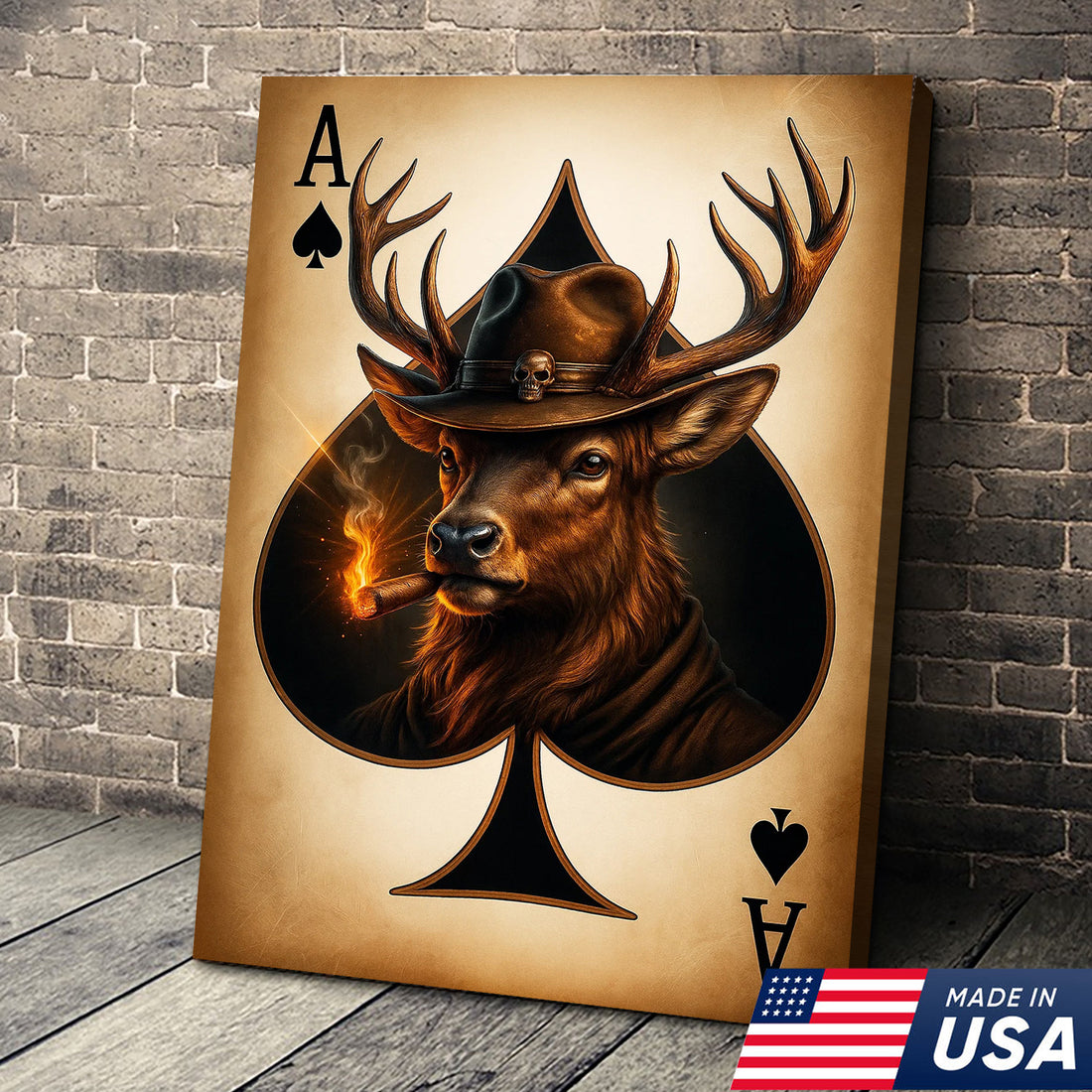 Wild West Ace of Spades Canvas Wall Art – Cowboy Deer with Hat – Rustic Hunting Cabin Decor