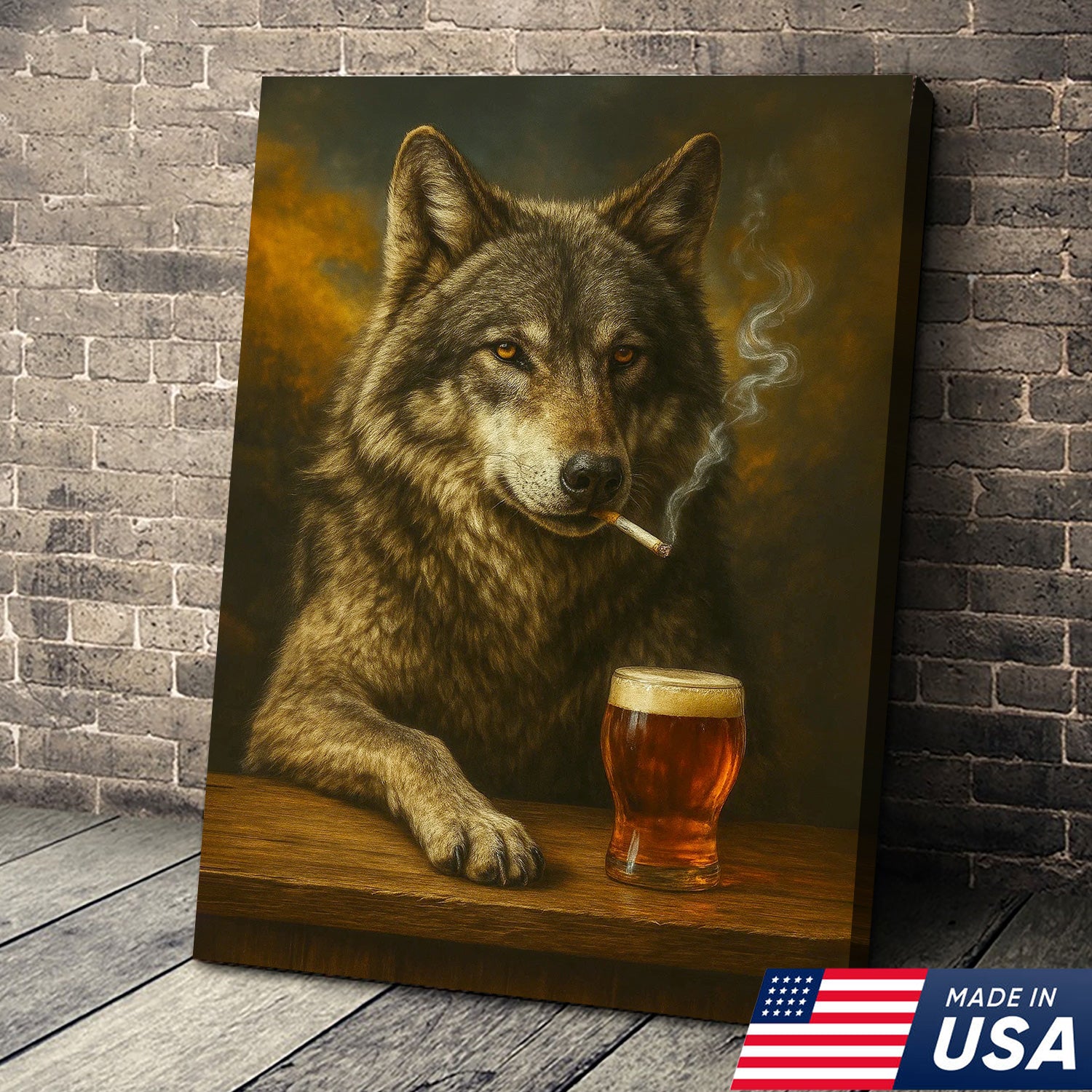 Rustic Gray Wolf Canvas Wall Art – Majestic Wildlife Bar Scene with Beer – Hunting Cabin Lodge Decor