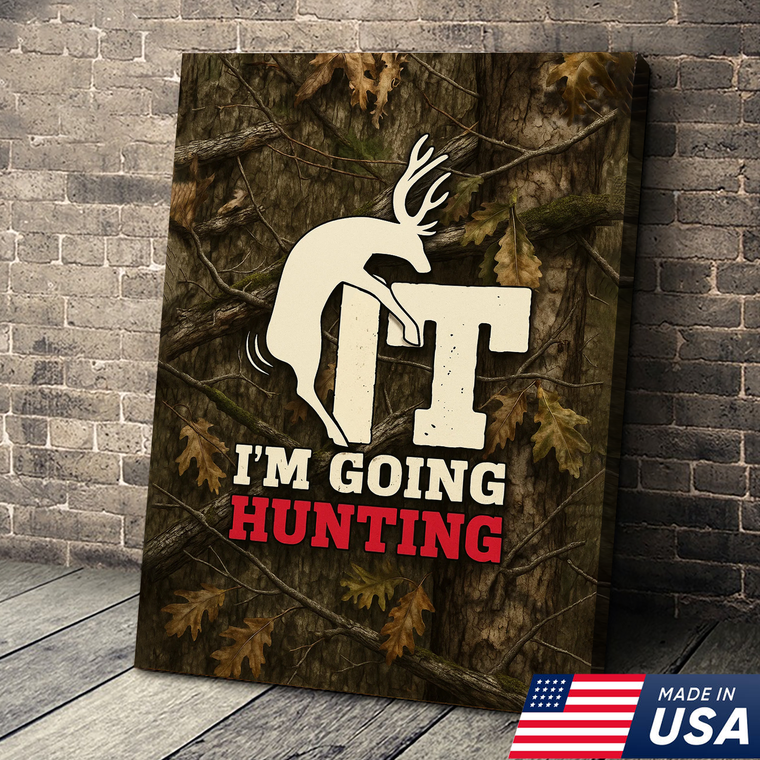 Funny Deer Hunting Canvas Wall Art - Rustic Camo Design for Hunters - Man Cave and Cabin Decor