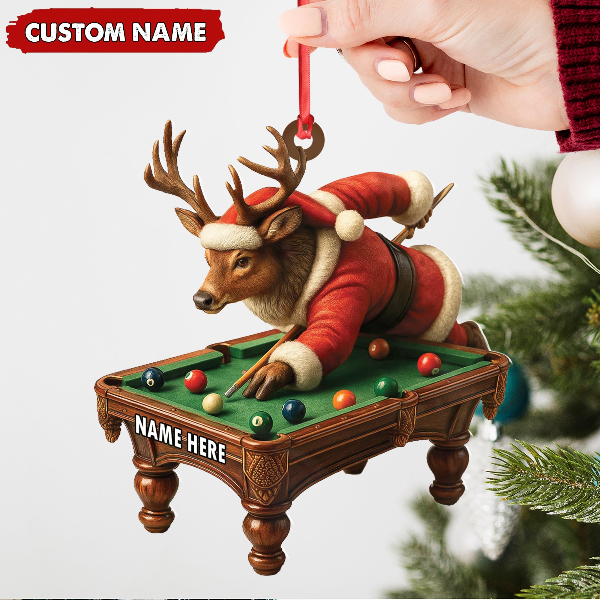 Personalized Acrylic Deer Christmas Ornament – Funny Buck Playing Pool in Santa Outfit Holiday Decor