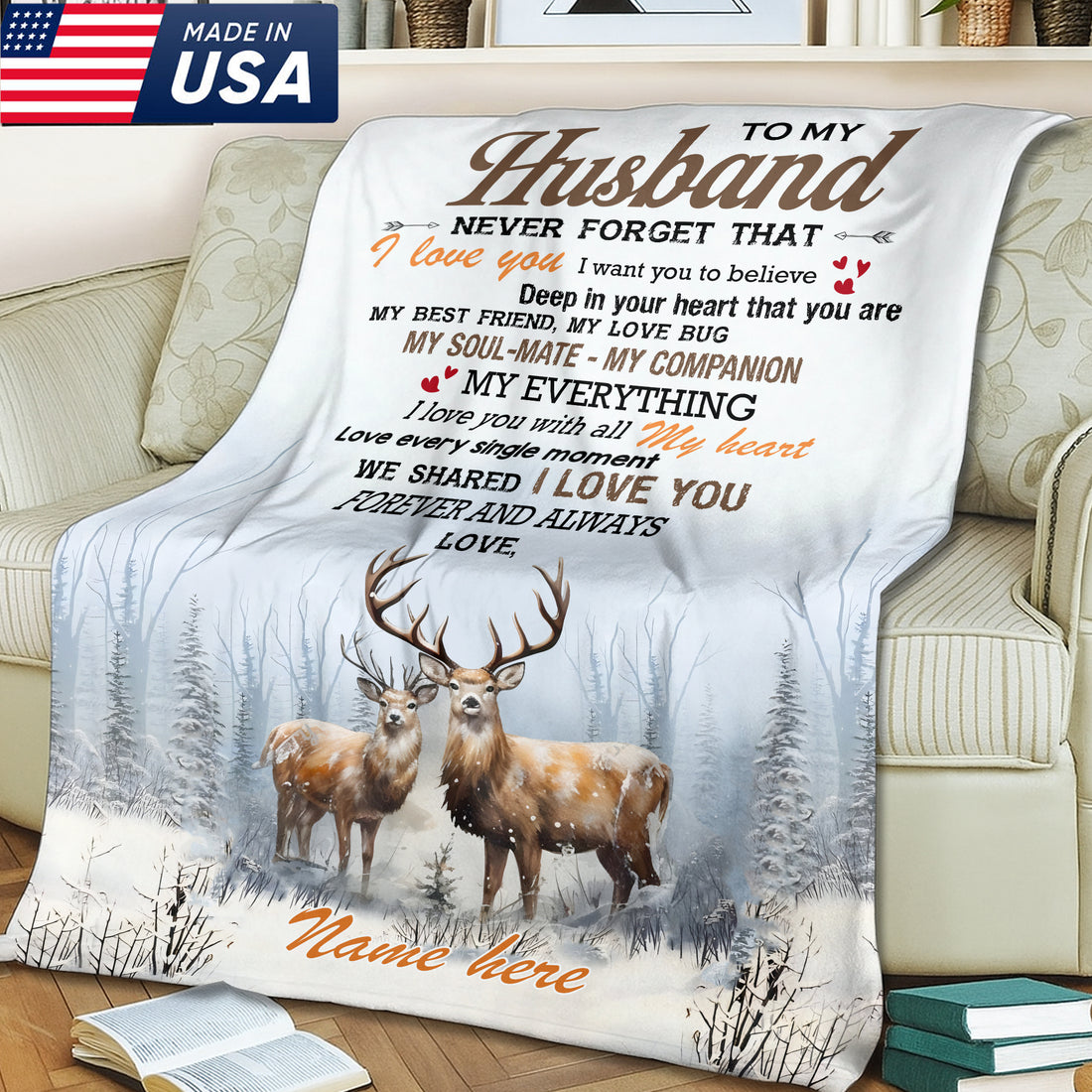 Personalized To My Husband Hunting Deer Fleece Blanket – Custom Name Gift for Husband, Anniversary