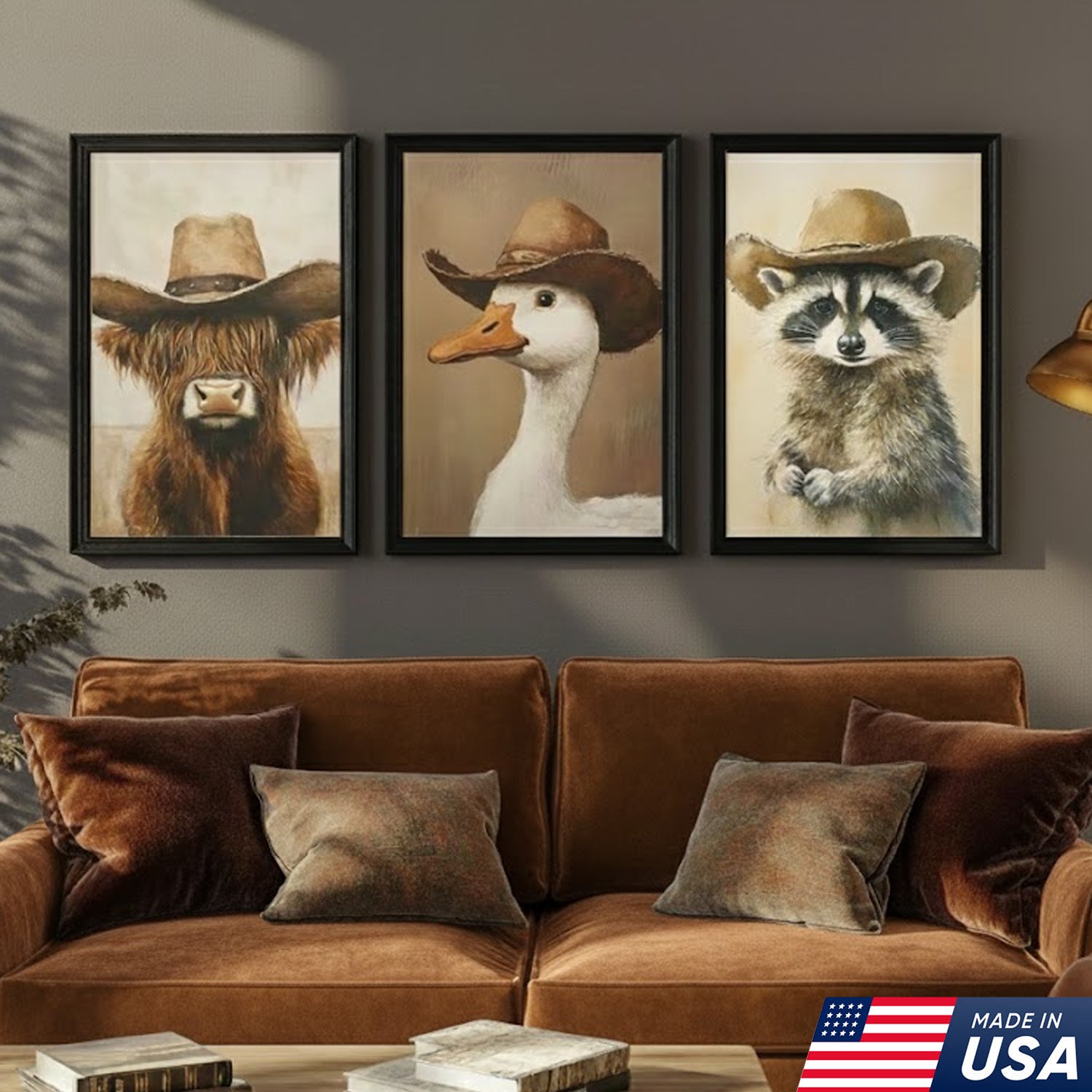 Western Farm Animal Trio Canvas Wall Art Set, Cowboy Duck Raccoon Highland Cow Portraits