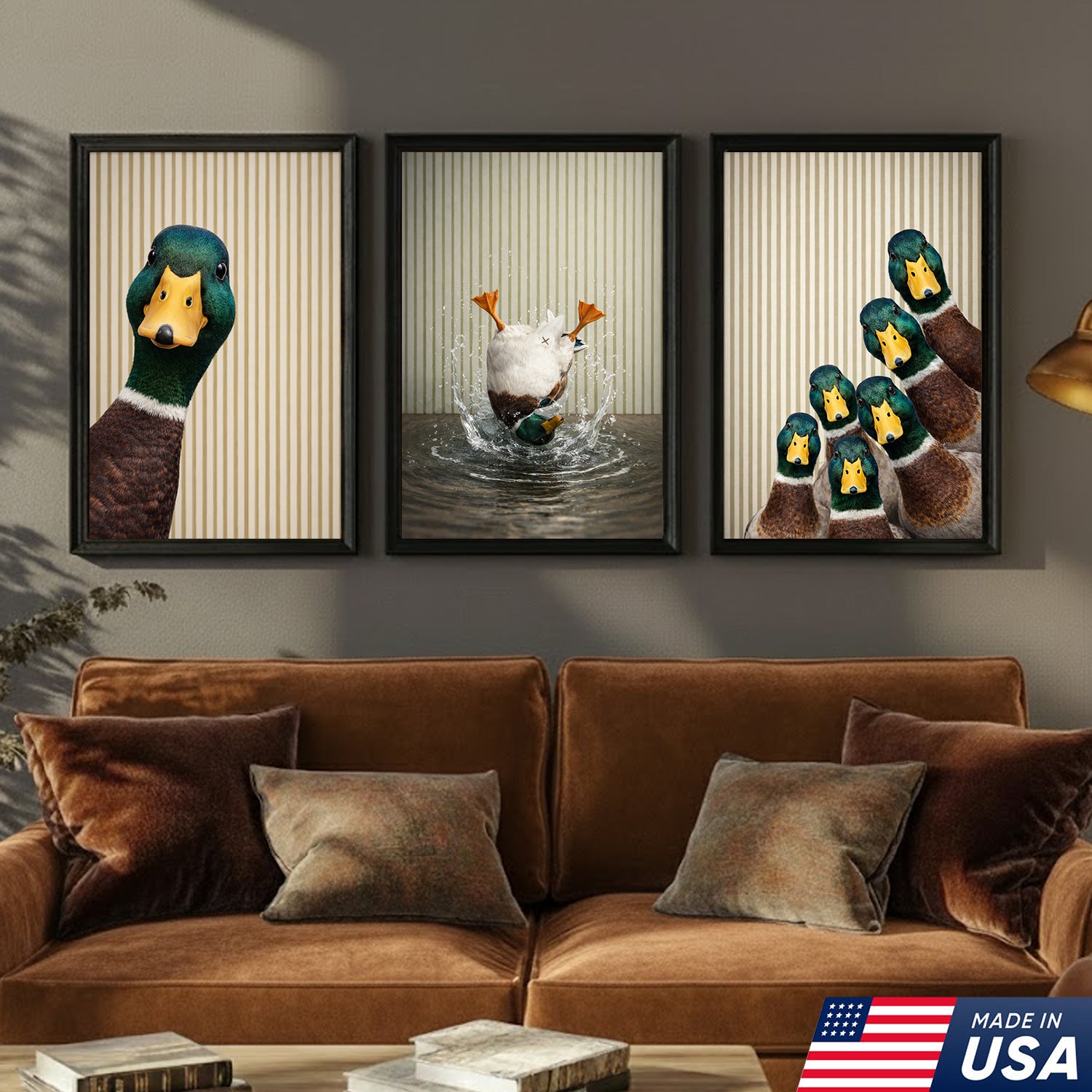 Funny Duck Wall Art Canvas Set, Whimsical Mallard Animal Triptych Print