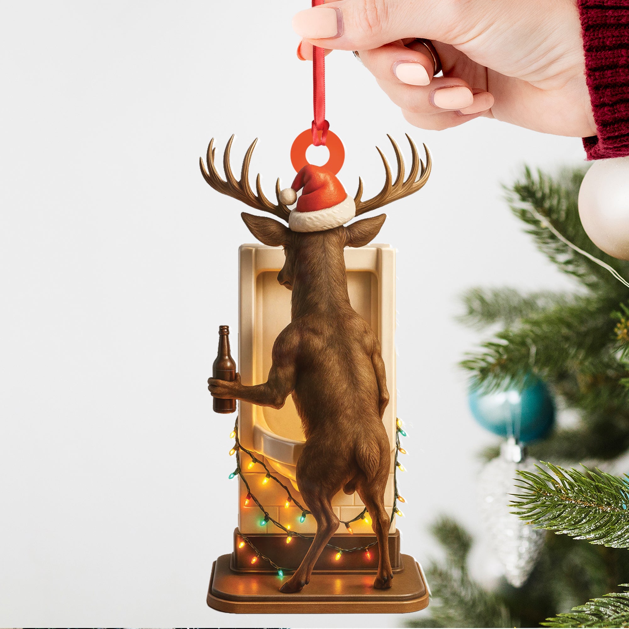 Personalized Acrylic Deer Christmas Ornament – Funny Buck with Santa Hat Drinking Beer by Urinal Holiday Decor