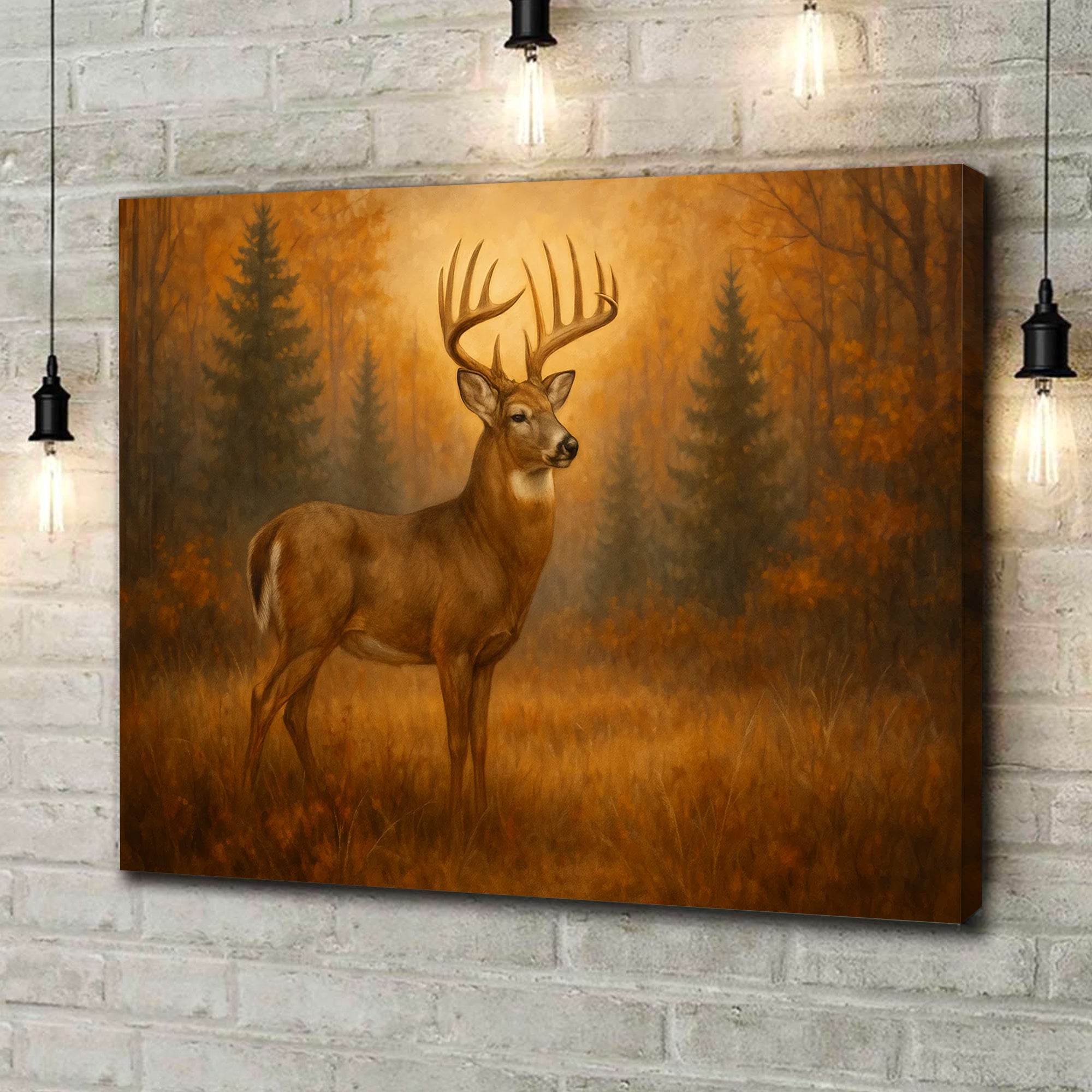 Deer In Autumn Forest Wall Art Canvas – Majestic Buck Hunting Cabin & Lodge Decor