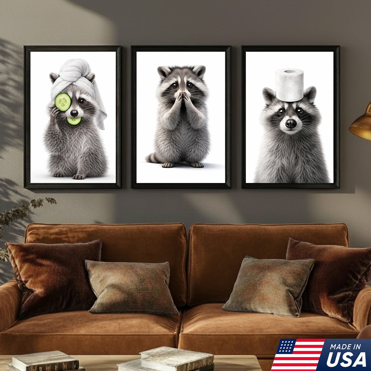 Funny Raccoon Wall Art Canvas Set, Cute Animal Bathroom Humor Triptych Print