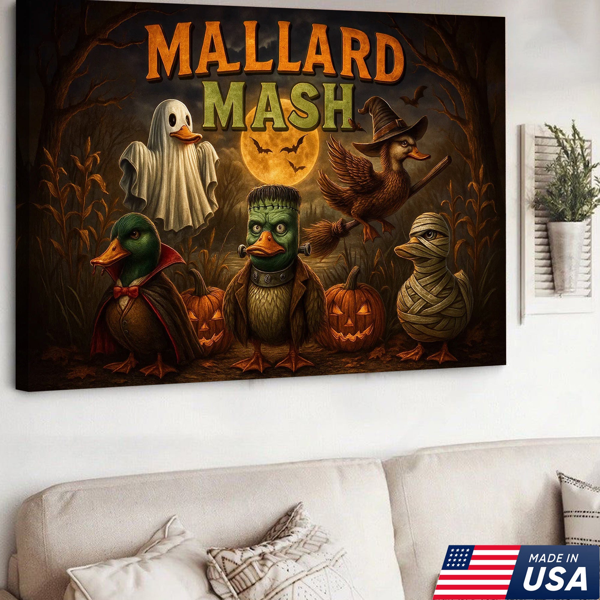 Mallard Mash Halloween Canvas Wall Art – Funny Ducks in Costumes with Pumpkins and Full Moon Decor