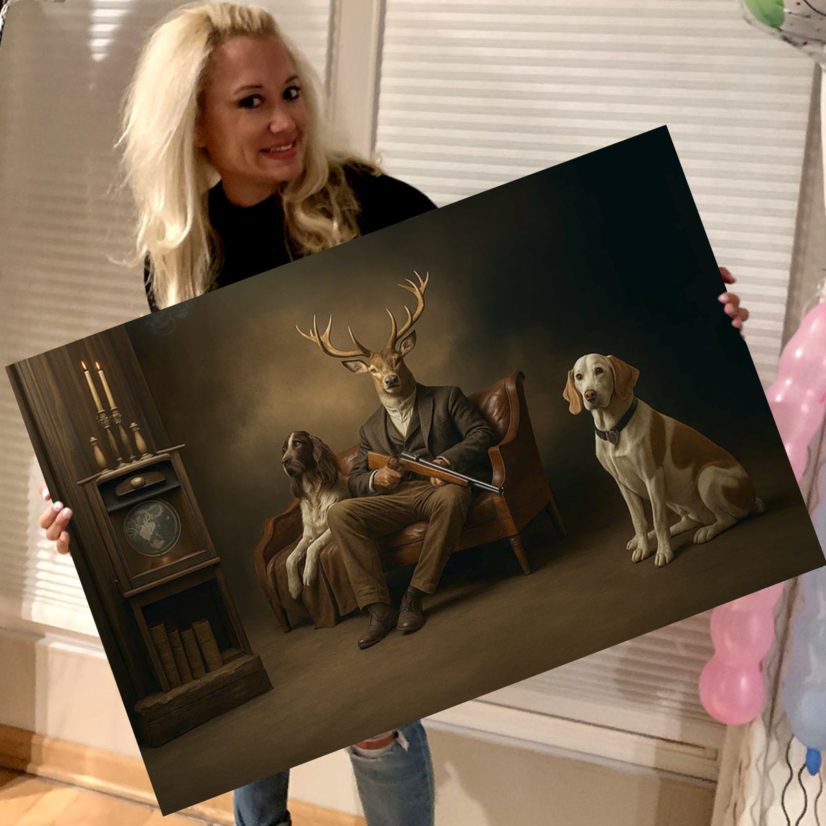 Deer Hunter Gentleman Canvas – Surreal Wall Art with Dogs for Cabin or Man Cave