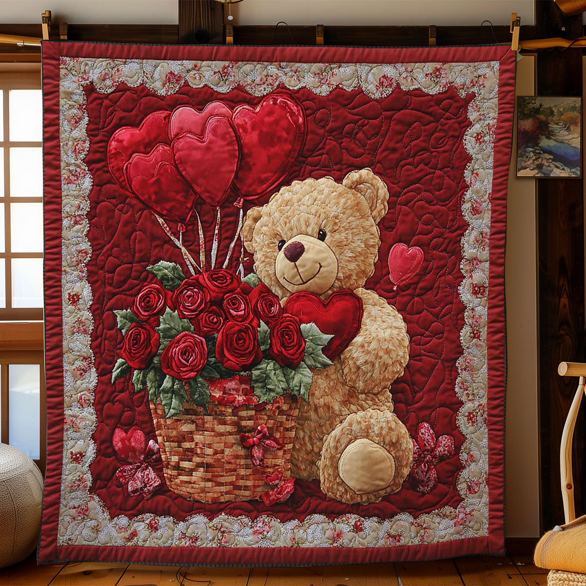 Bear With Roses Quilt Blanket
