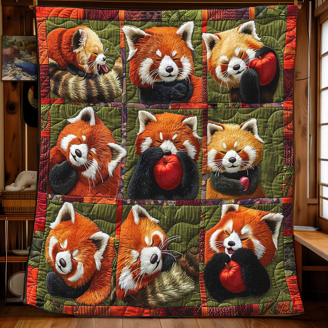 Red Panda Love Apple Quilt Blanket