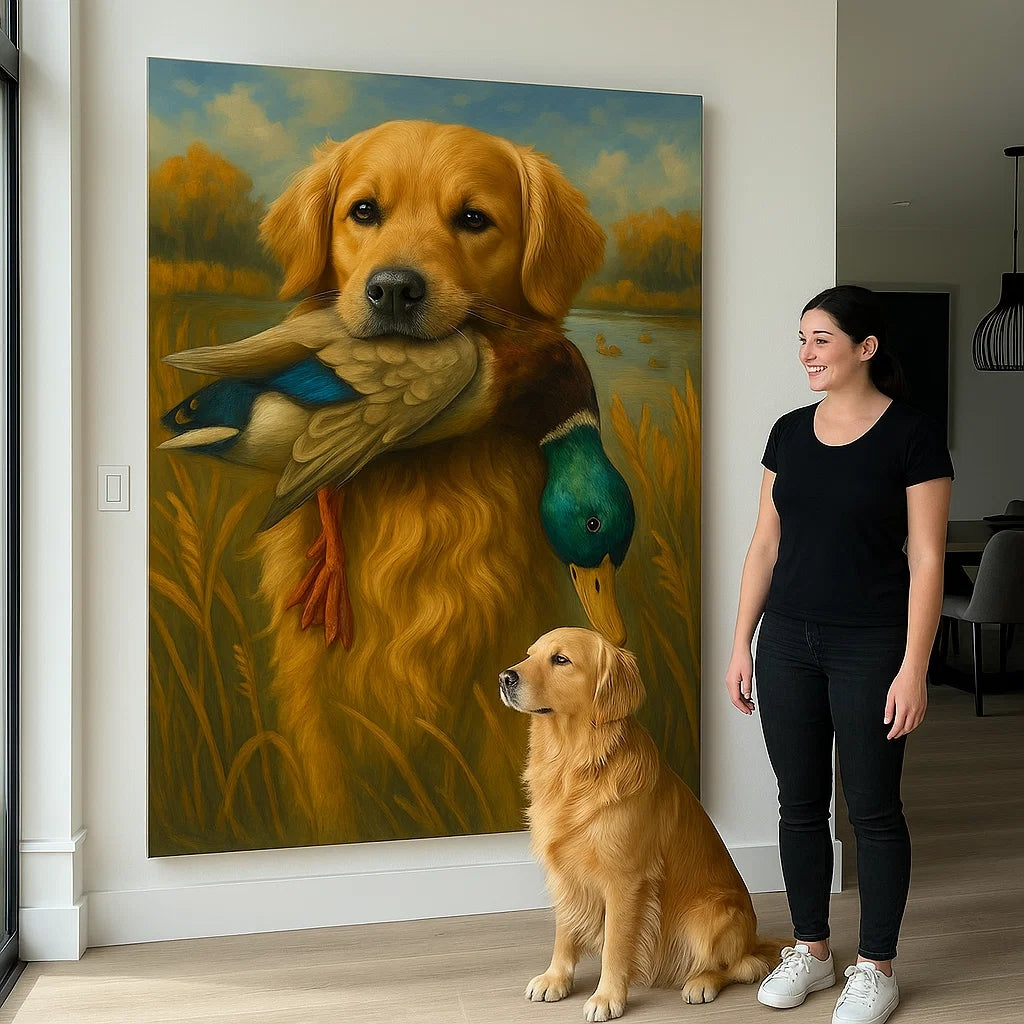 Personalized Hunting Dog Canvas – Custom Golden Retriever Dog Wall Art With Duck