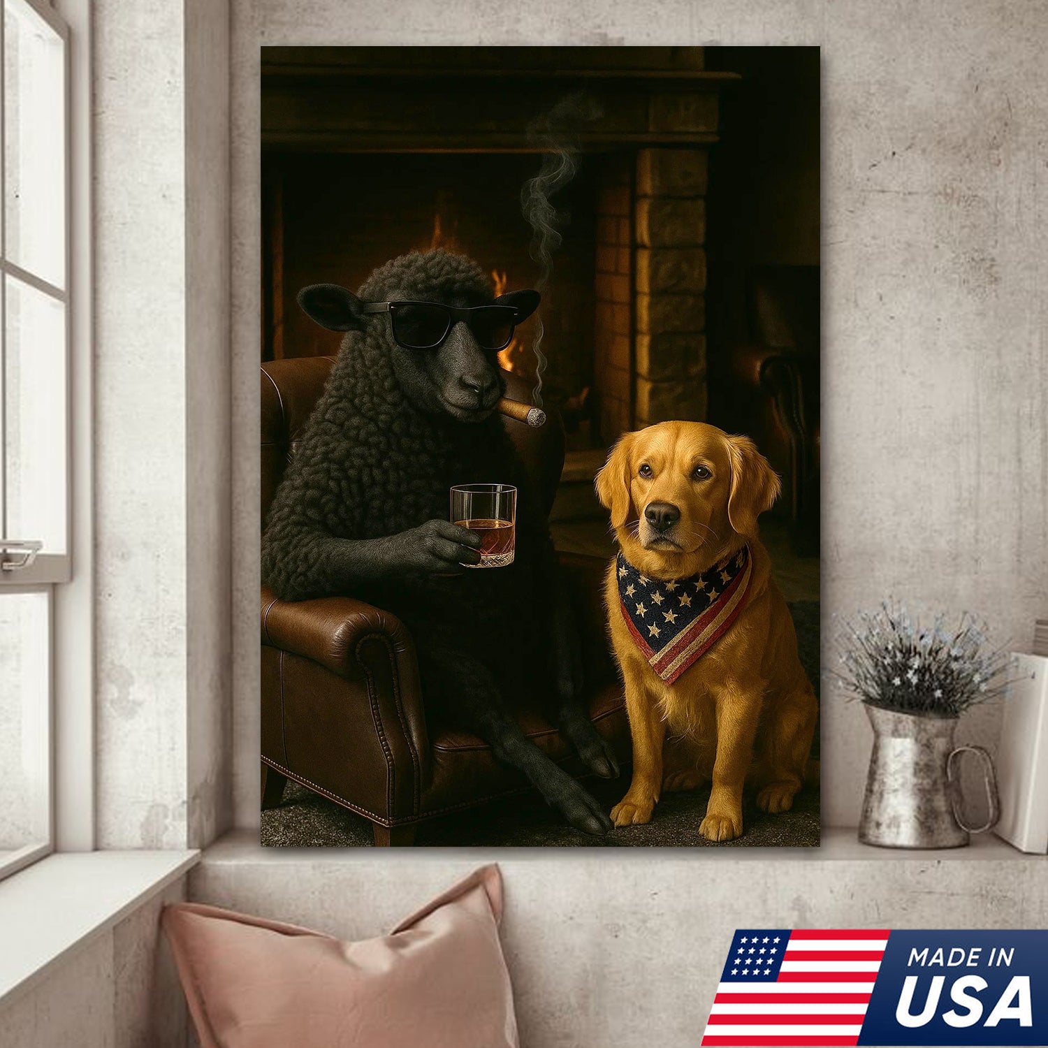 Funny Sheep and Dog Canvas Wall Art – Cool Black Sheep Smoking Lounge Decor