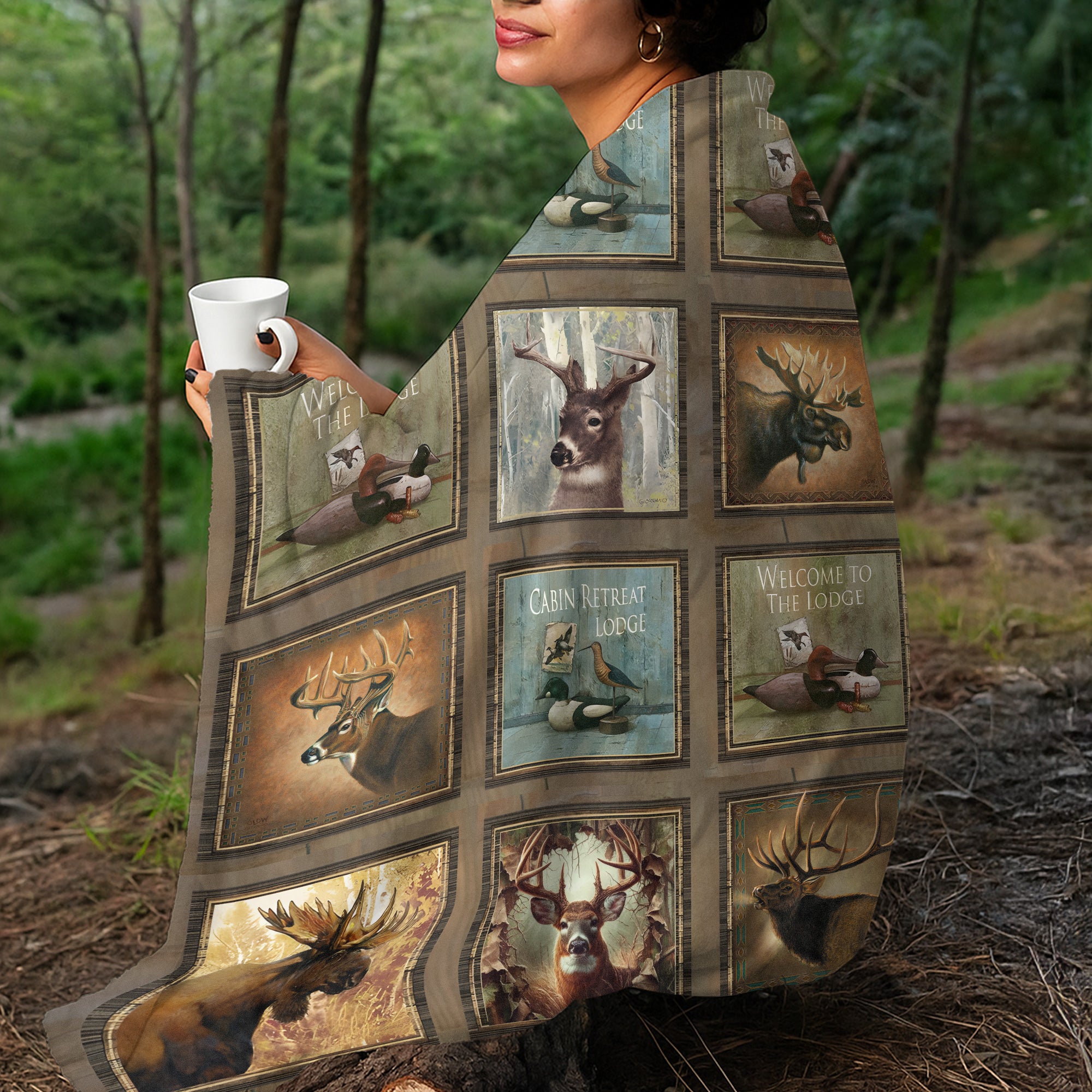 Rustic Wildlife Cabin Lodge Fleece Blanket – Deer, Moose, and Duck Hunting Retreat Fleece Blanket