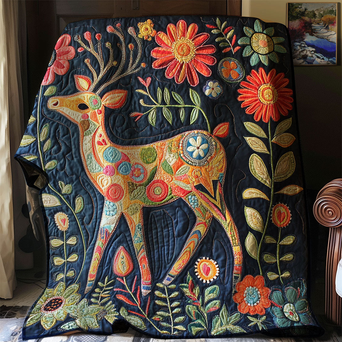 Floral Deer Woodland Retreat Quilt Blanket