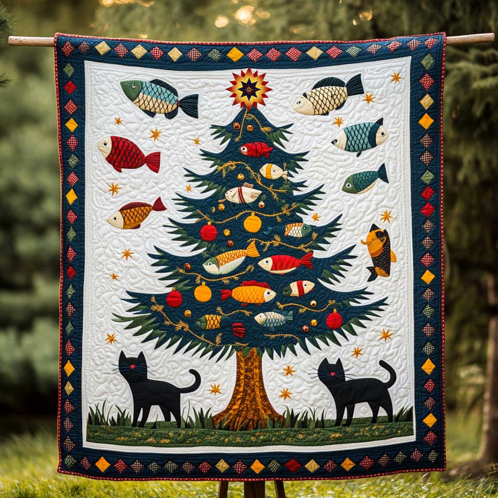 Cat Decorating Christmas Tree Quilt Blanket