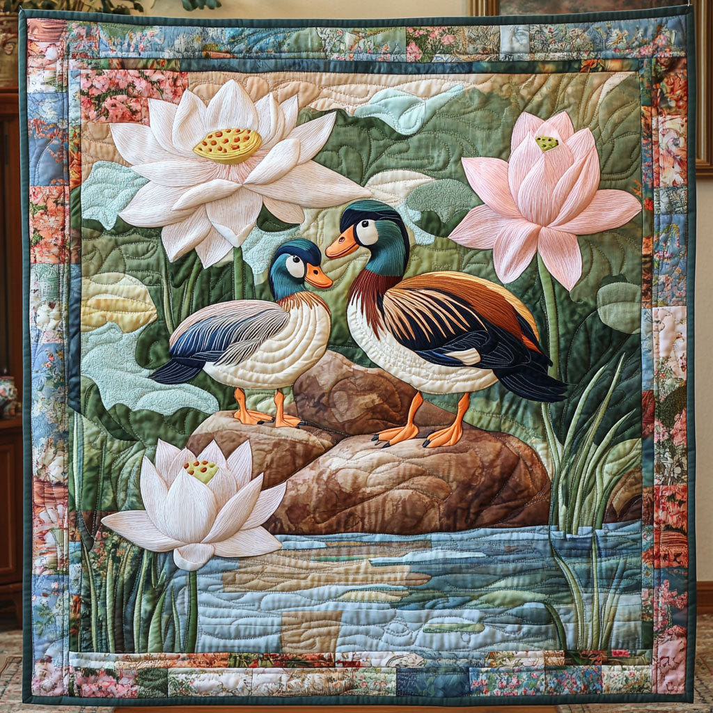 Lotus Mandarin Duck Rustic Charm Quilt Blanket