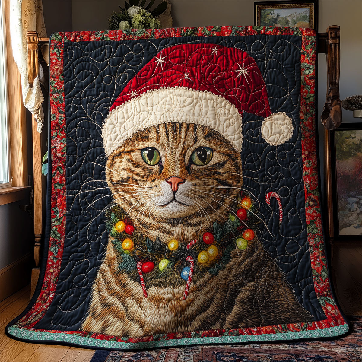 Cat Christmas Snowy Evening Quilt Blanket
