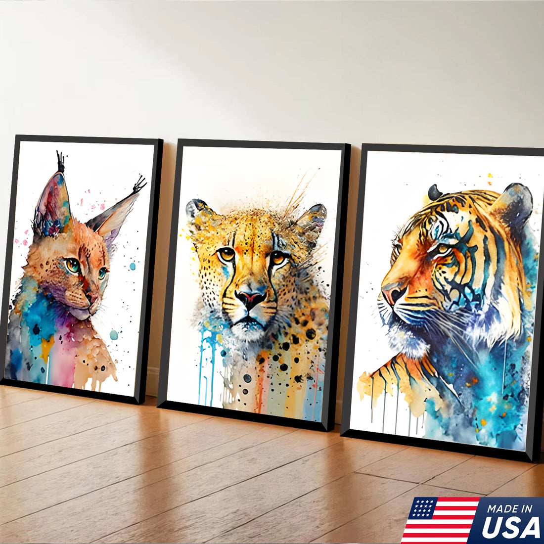 Watercolor Big Cat Wall Art Canvas Set, Colorful Wildlife Animal Portrait Triptych