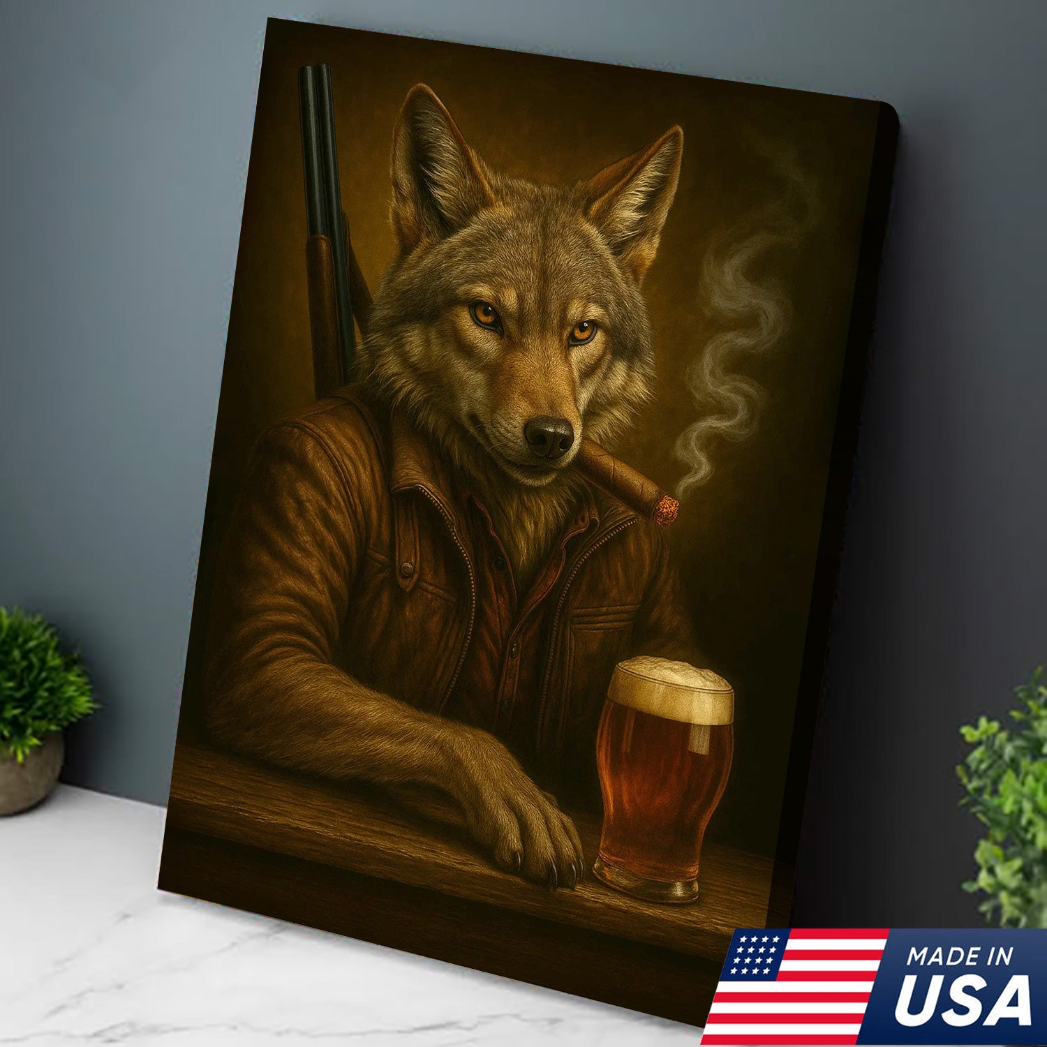 Alpha Wolf Coyote Canvas Wall Art – Fierce Surreal Portrait with Beer Glass, Bold Wilderness Decor
