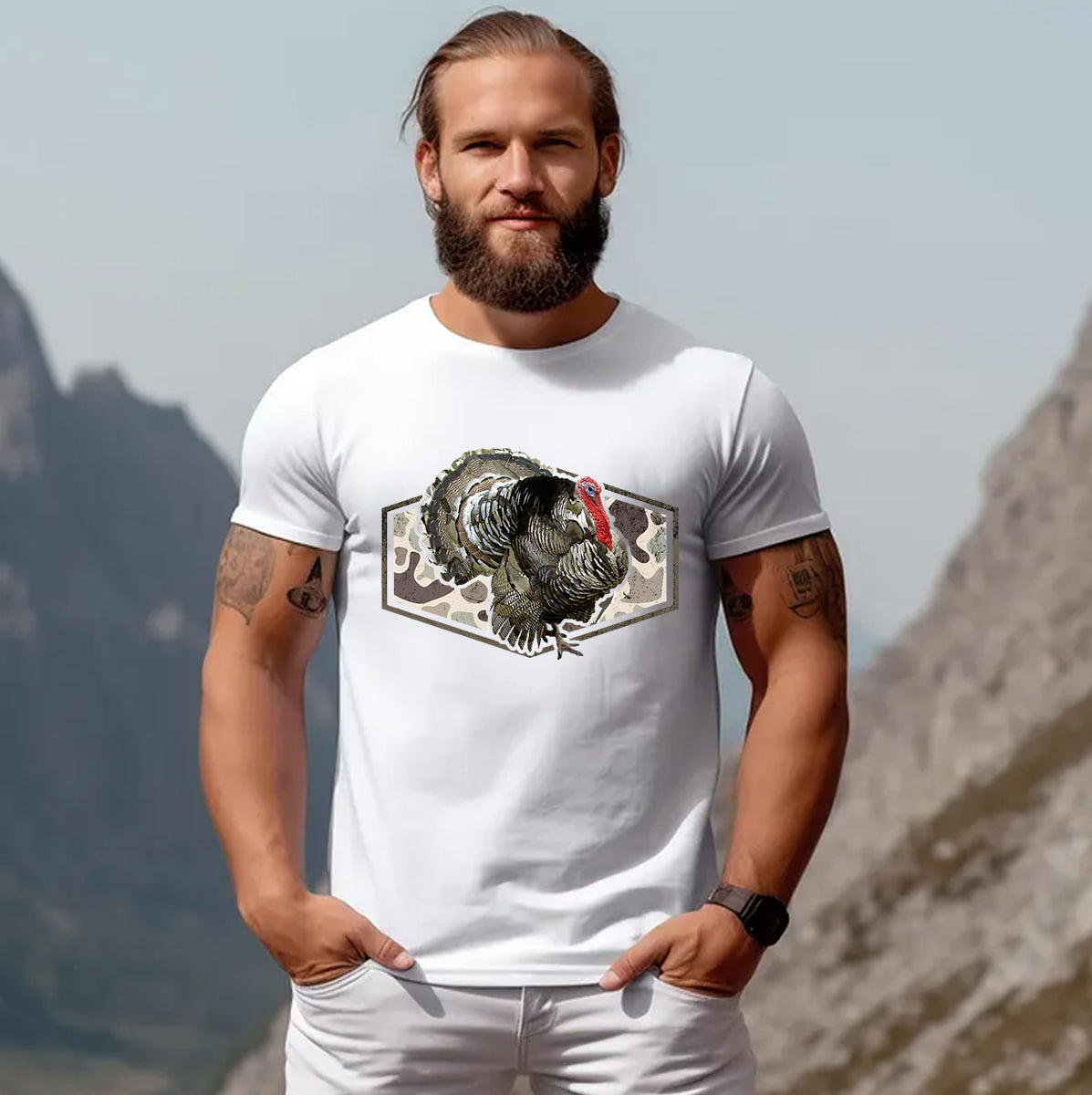 Wild Turkey Hunting T-Shirt – Camo Print Crewneck for Outdoorsmen & Hunters
