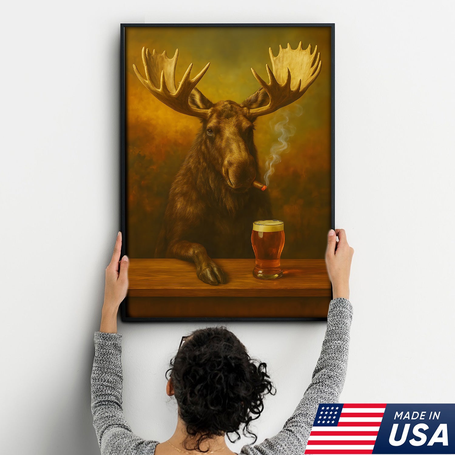 Moose Smoking & Drinking Canvas - Rustic Bar Wall Art Hunting Lodge & Man Cave Decor