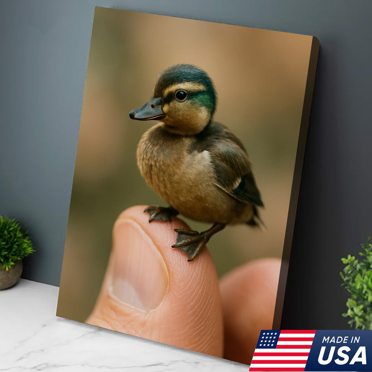 Cute Baby Duck Canvas Wall Art - Adorable Duckling Perched on Finger - Nature Wildlife Artwork for Home Decor