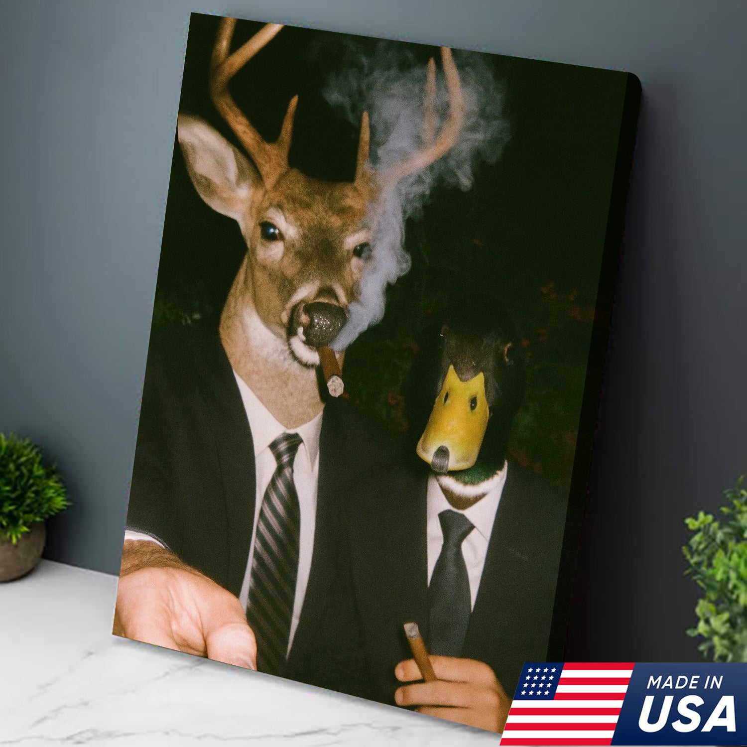 Funny Deer and Duck Canvas Wall Art - Hilarious Animal Duo in Suits - Unique Wildlife Artwork for Home Decor
