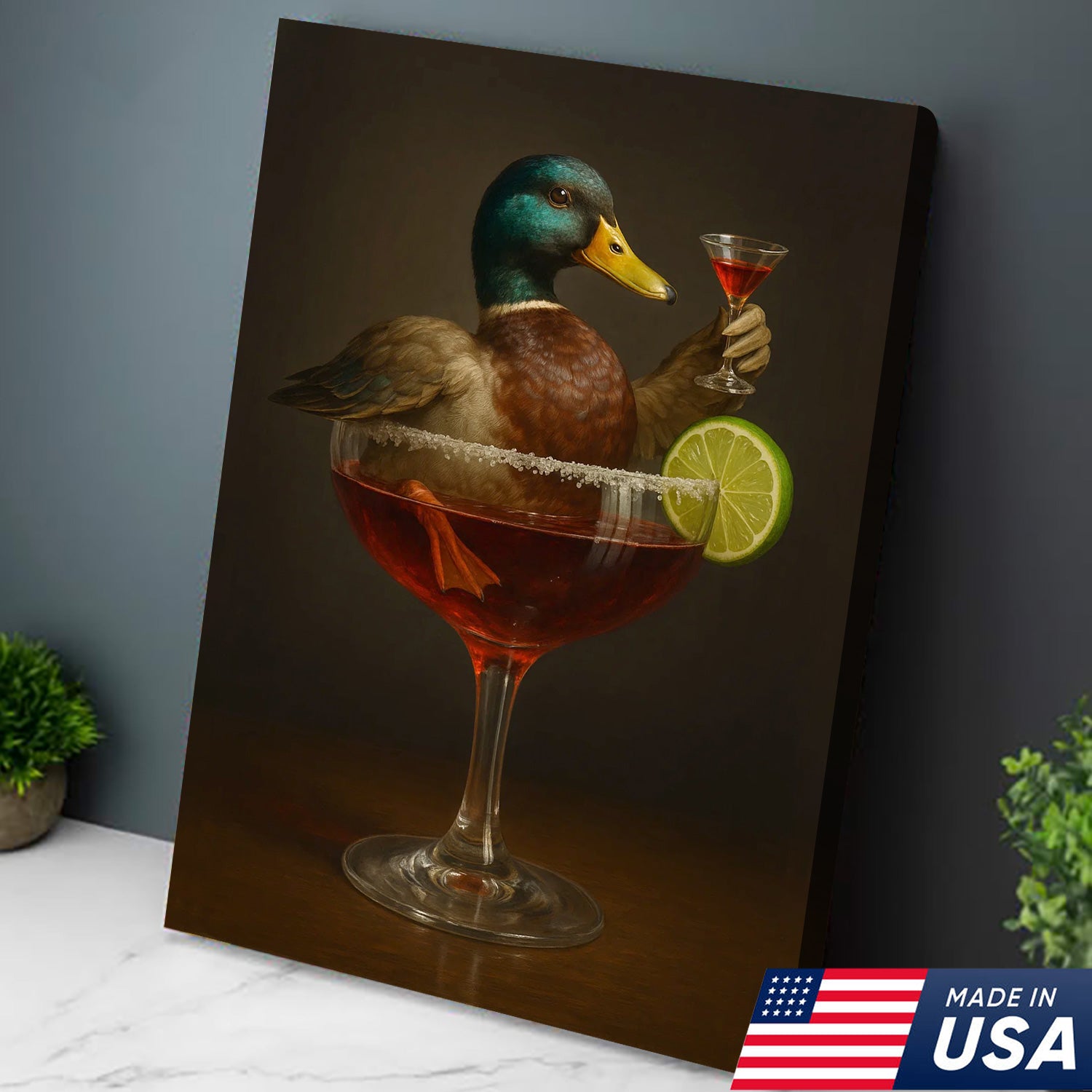 Funny Mallard Duck Canvas Wall Art - Quirky Animal in Cocktail Glass Design - Unique Wildlife Artwork for Home Decor