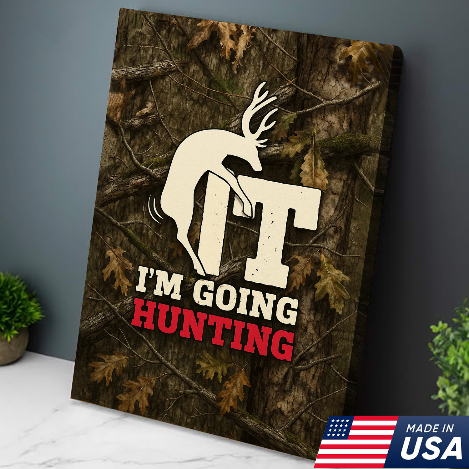Funny Deer Hunting Canvas Wall Art - Rustic Camo Design for Hunters - Man Cave and Cabin Decor