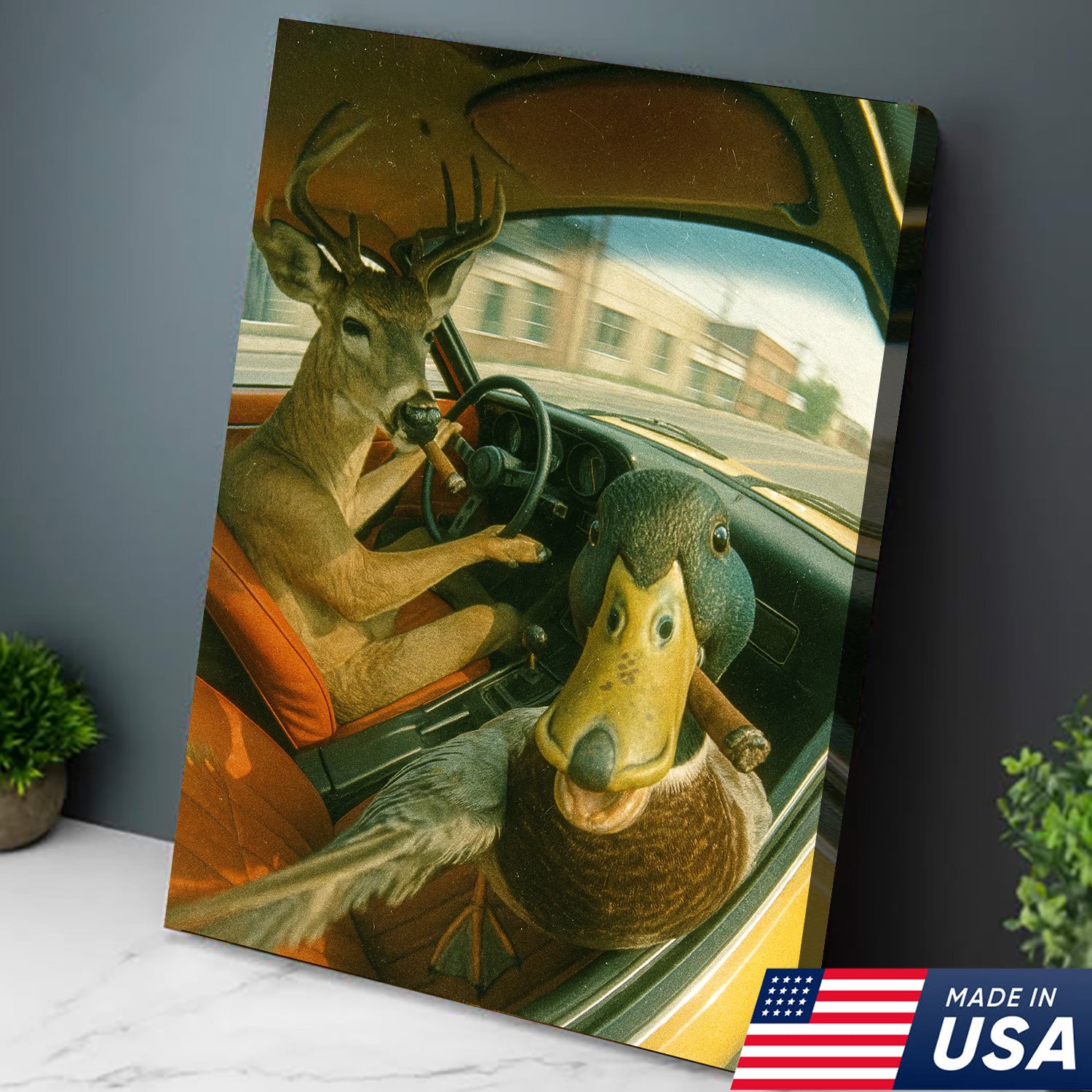 Wild Road Trip Canvas Wall Art – Deer & Duck Adventure Scene – Quirky Rustic Cabin Decor