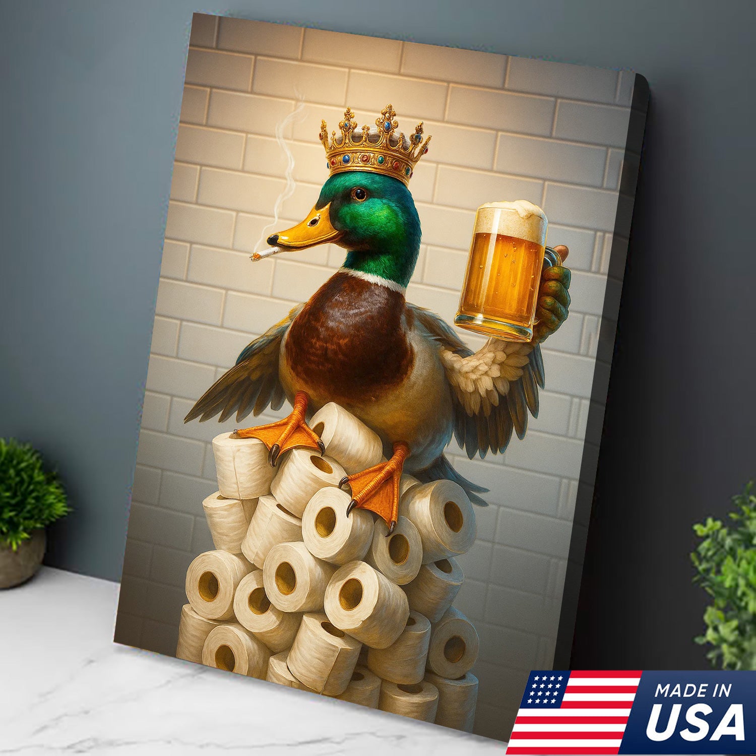 Royal Duck Canvas Wall Art - Funny Bathroom Decor with Crown and Beer - Rustic Wildlife Lodge Print