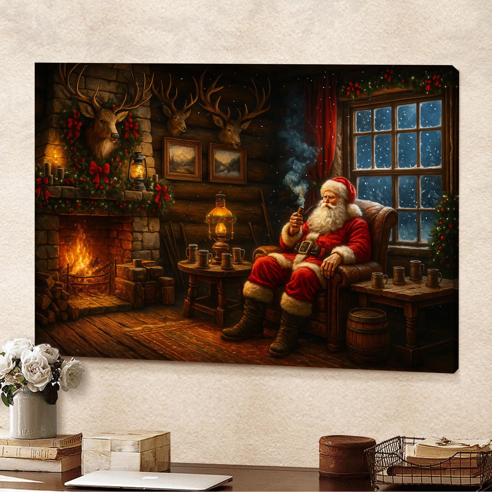 Christmas Santa Cabin Canvas Wall Art, Rustic Fireplace Holiday Decor, Cozy Farmhouse Christmas Living Room Print