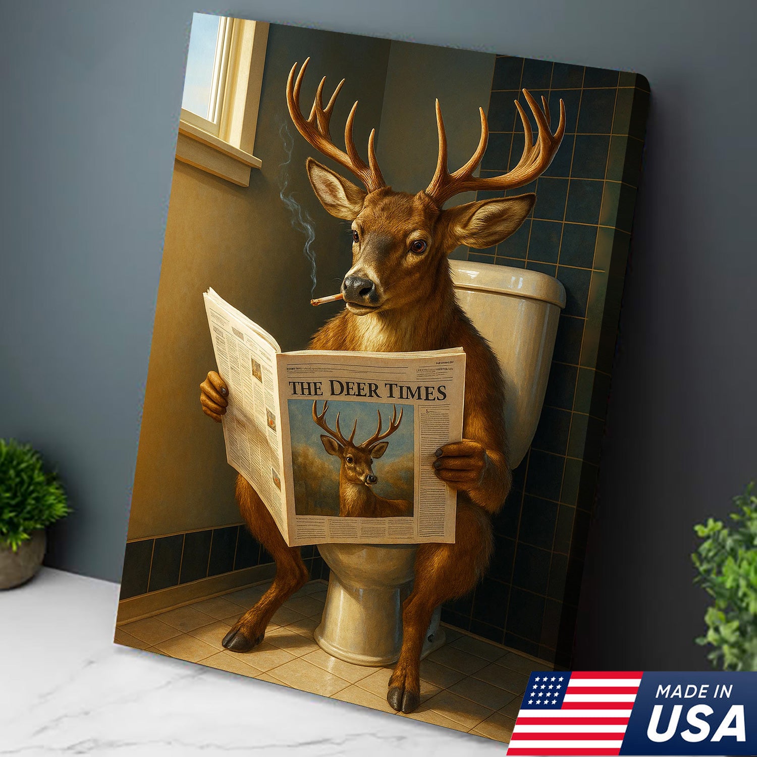 Funny Deer Canvas Wall Art – Buck Reading Newspaper on Toilet – Whitetail Deer Bathroom Humor Hunting Lodge Decor
