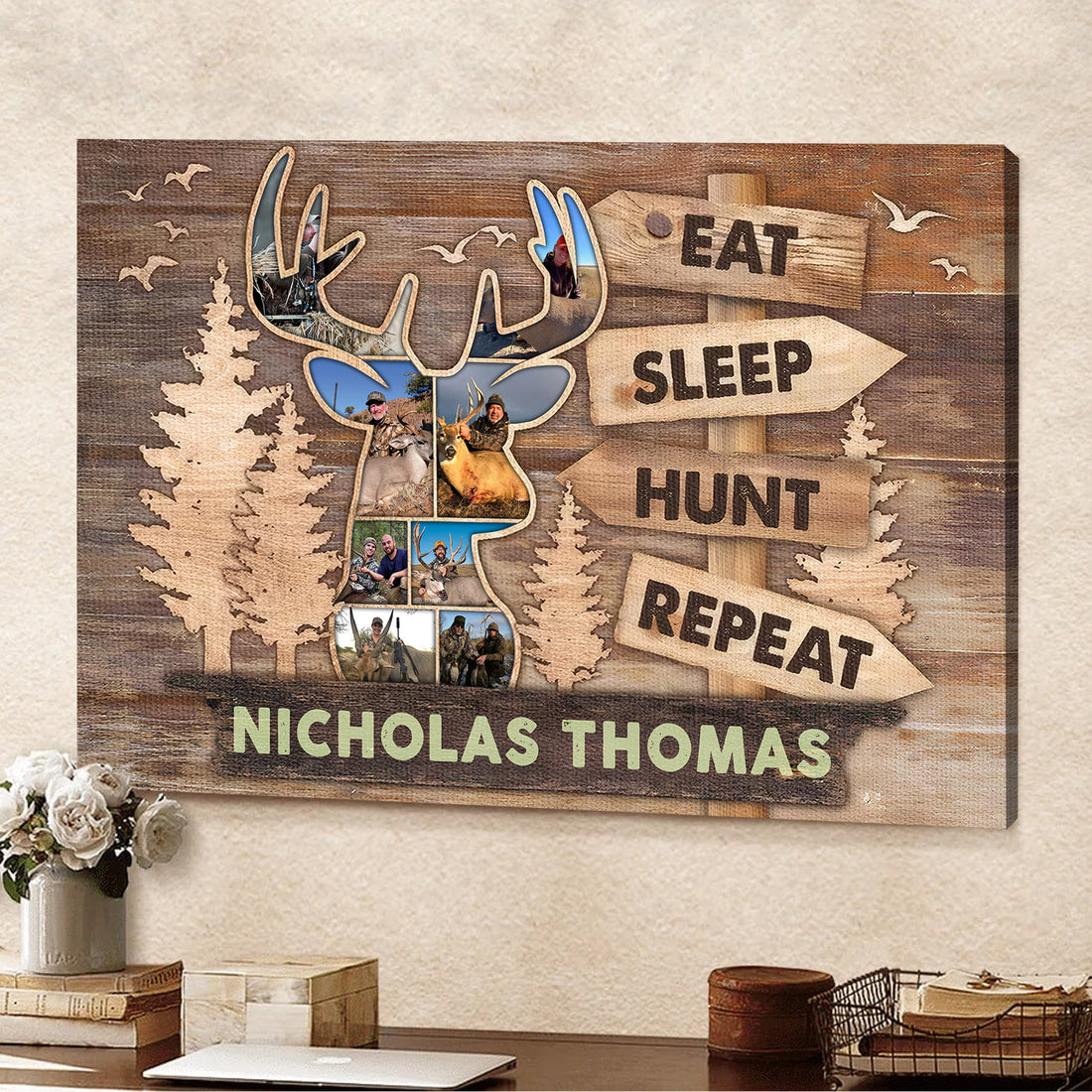 Personalized Hunting Canvas – Custom Deer Head Photo Collage Gift, Eat Sleep Hunt Repeat Wall Art for Hunters, Rustic Cabin Decor