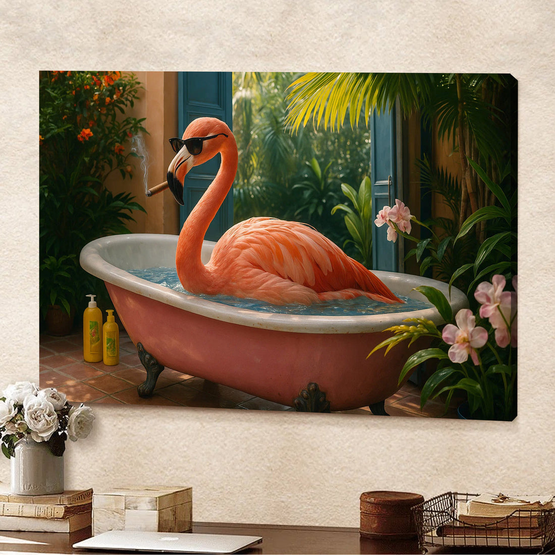 Funny Flamingo Canvas Wall Art – Cool Pink Bird in Bathtub – Tropical Bathroom Decor