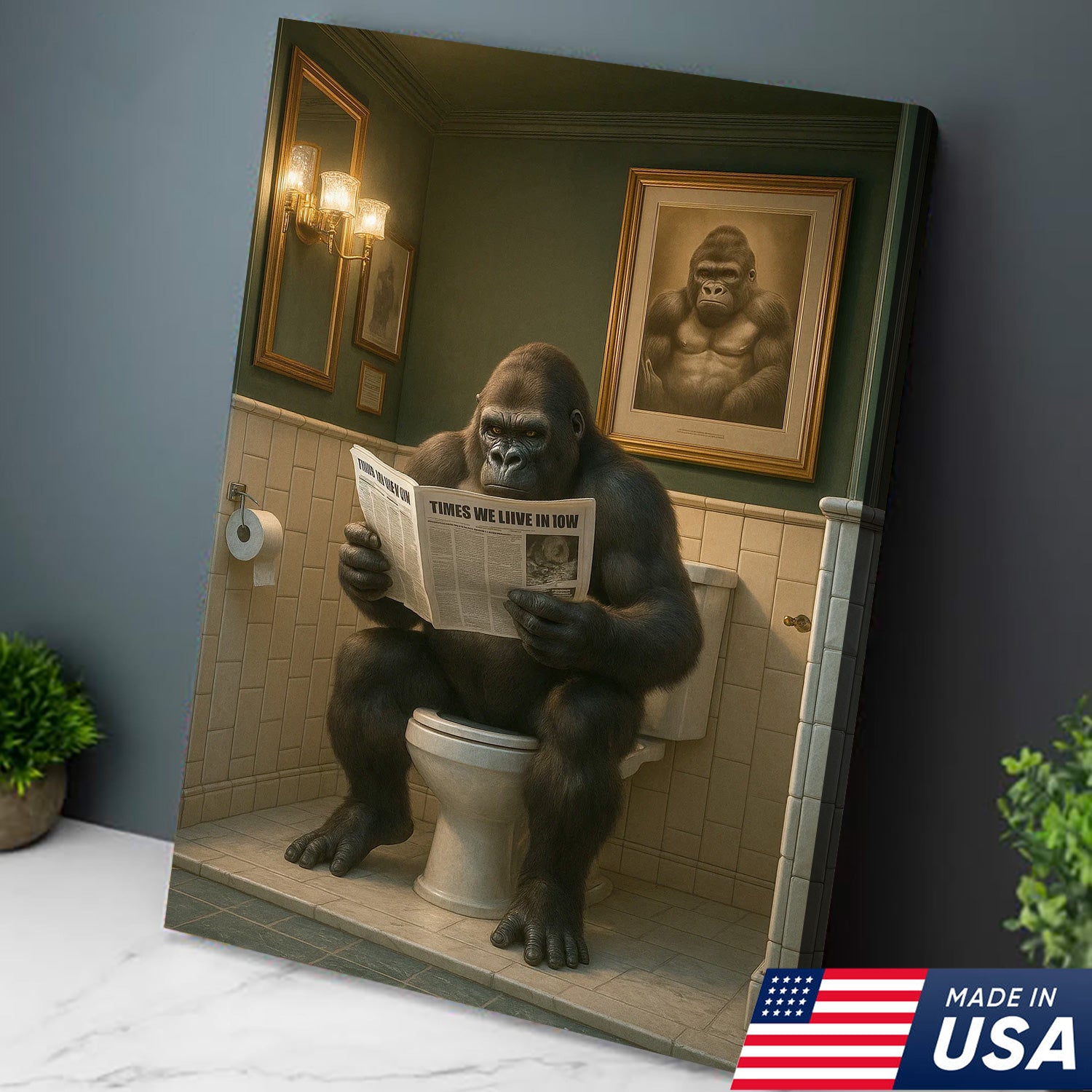Funny Gorilla Bathroom Wall Art Canvas, Toilet Humor Decor for Men’s Restroom
