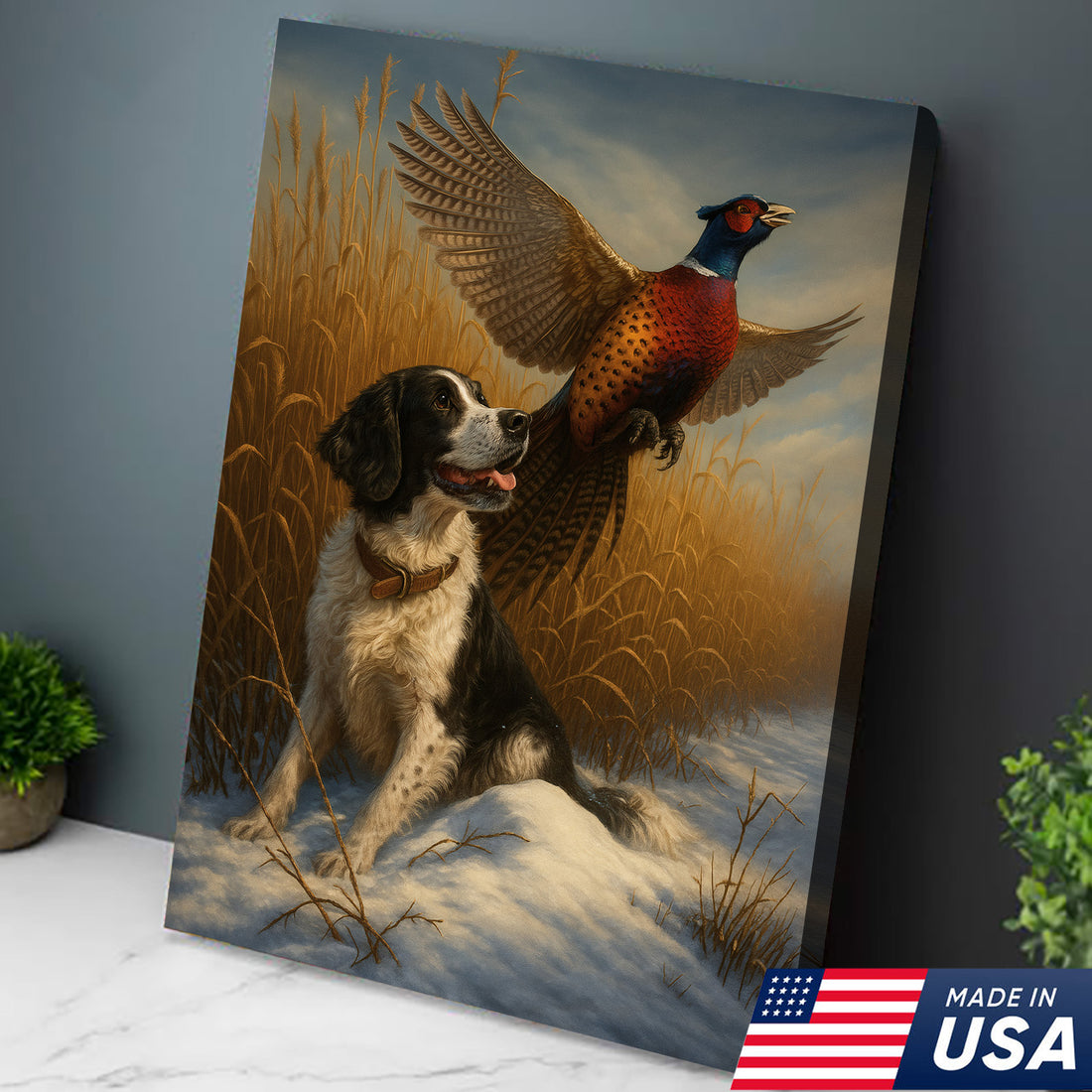 Hunting Dog & Pheasant in Winter Field Canvas – Classic Wildlife Wall Art for Lodge & Nature Decor