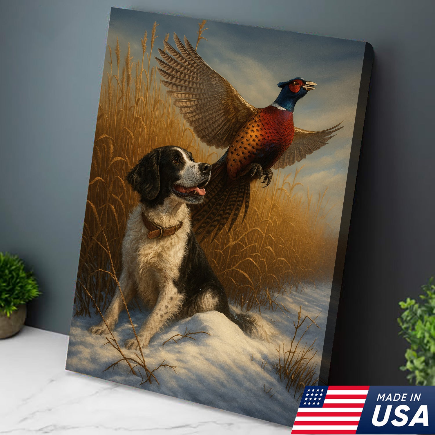 Hunting Dog & Pheasant in Winter Field Canvas – Classic Wildlife Wall Art for Lodge & Nature Decor