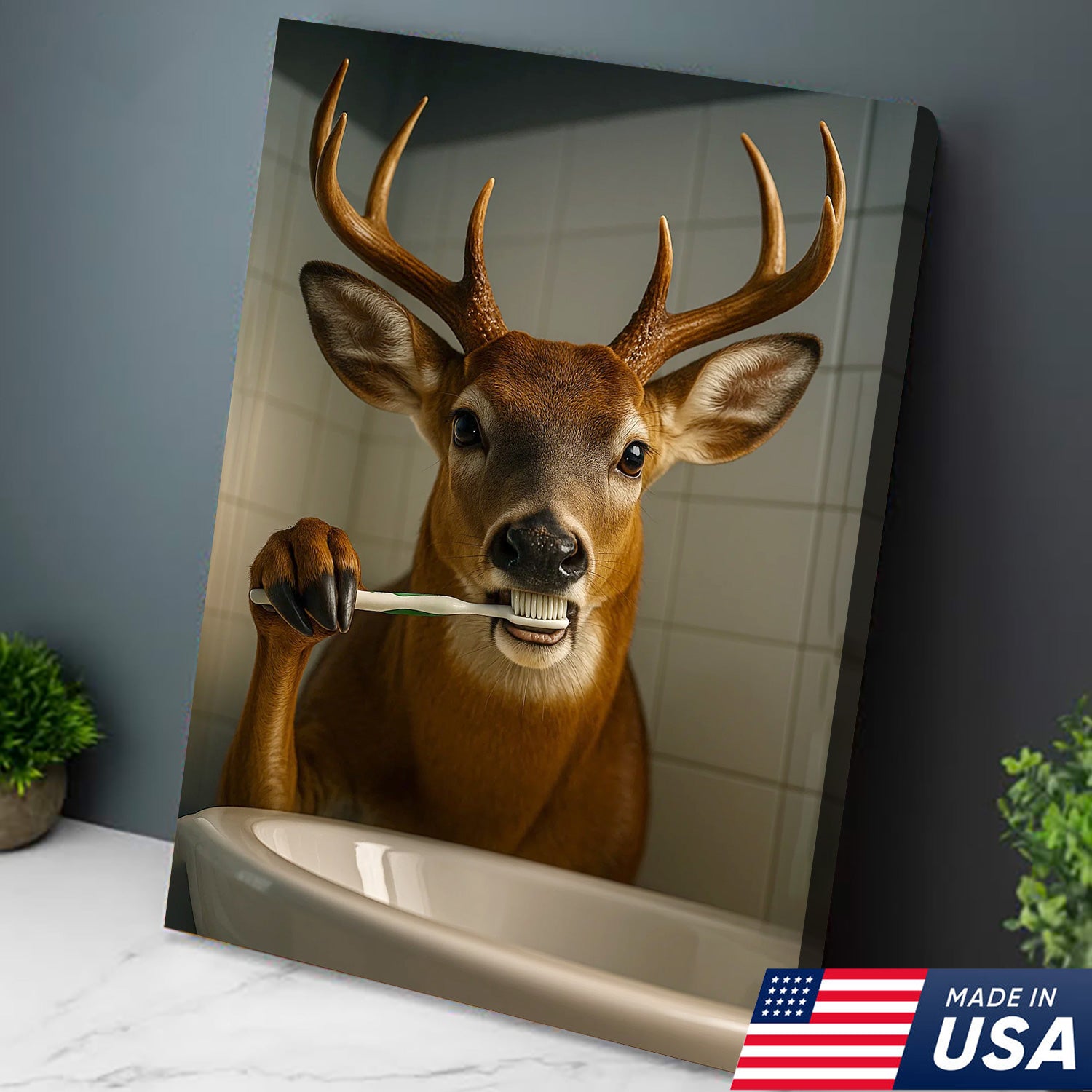 Deer Canvas Wall Art – Funny Buck Brushing Teeth Unique Bathroom Decor for Hunters