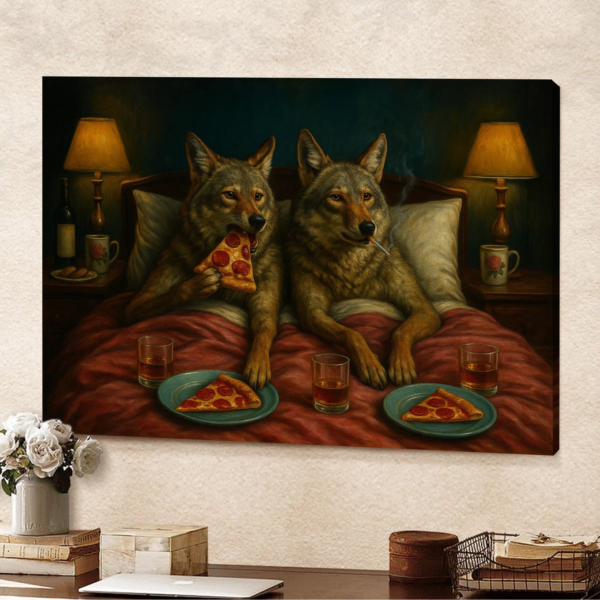 Whimsical Wolf Coyote Couple Pizza Night Canvas Wall Art – Cozy Bed Scene, Pepperoni Slice, Funny Animal Bedroom Decor