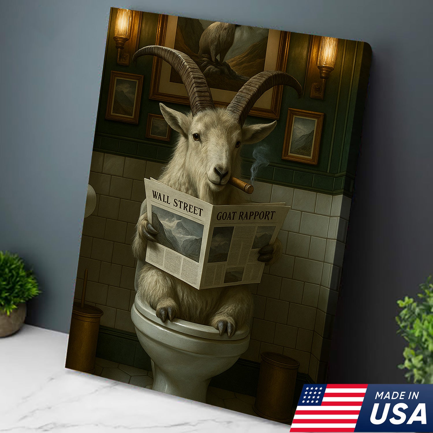 Funny Mountain Goat Bathroom Wall Art – Rustic Hunting Cabin Toilet Humor Canvas