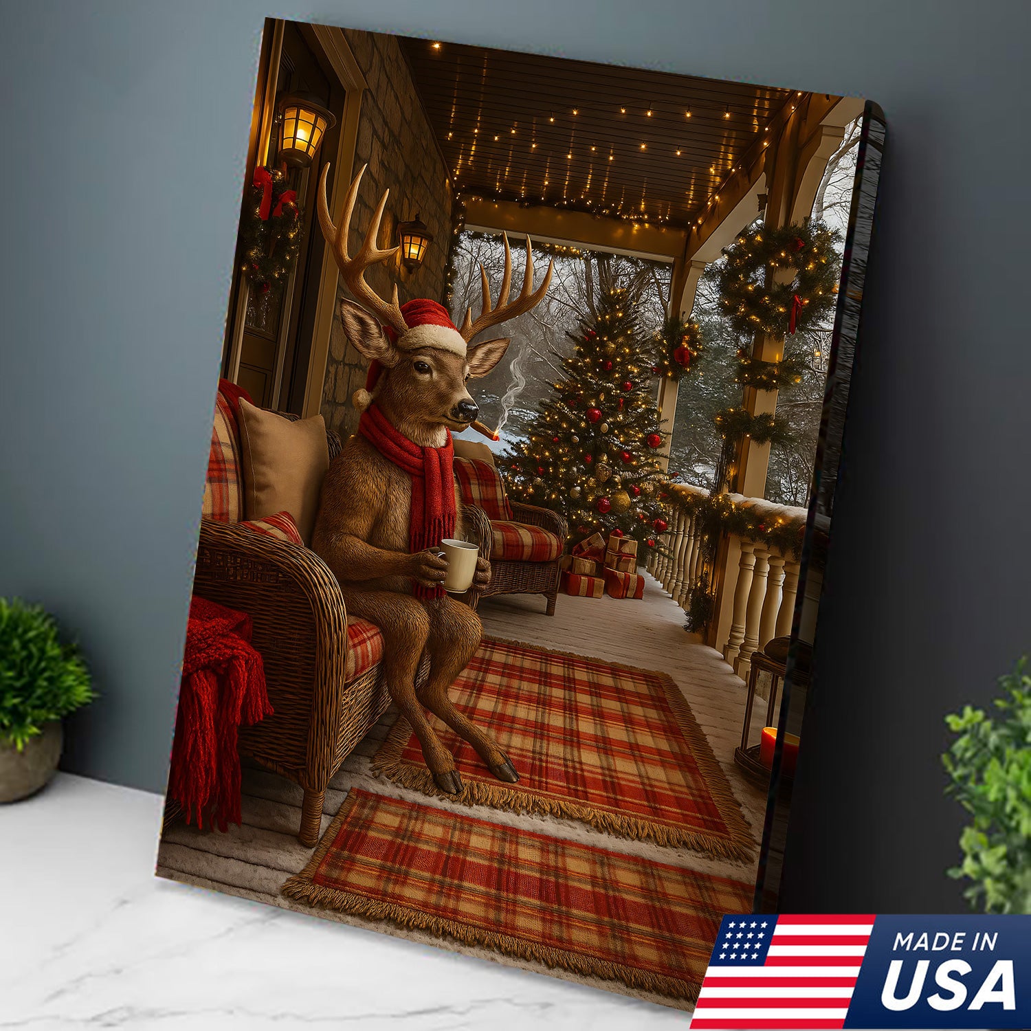 Christmas Deer Porch Canvas Wall Art, Cozy Cabin Reindeer With Scarf Holiday Print, Rustic Plaid Farmhouse Christmas Decor