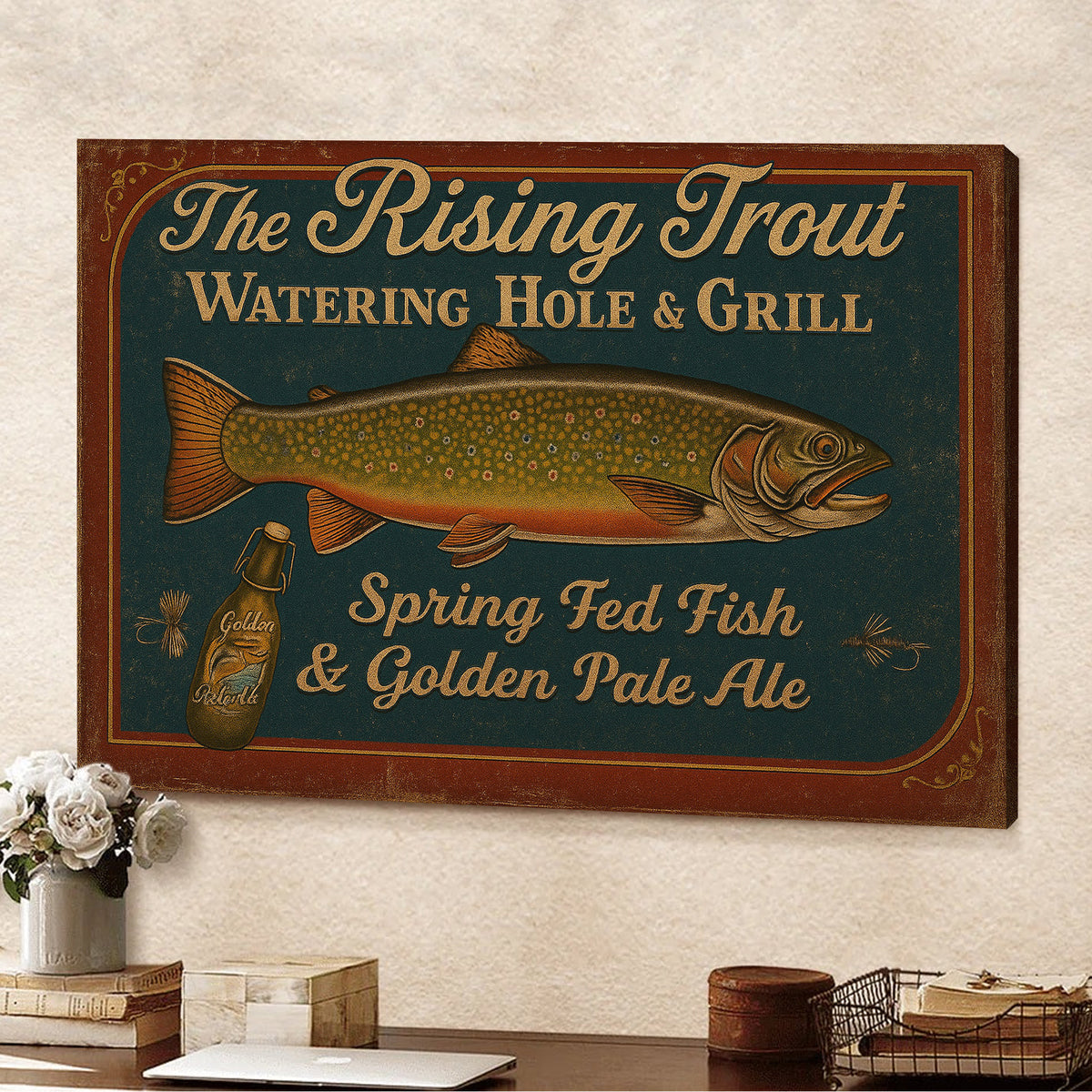 The Rising Trout Watering Hole & Grill Sign Canvas – Vintage Fishing W ...