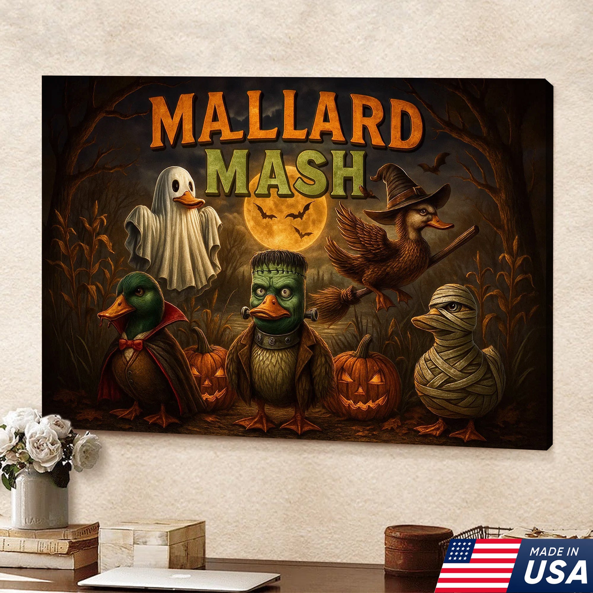 Mallard Mash Halloween Canvas Wall Art – Funny Ducks in Costumes with Pumpkins and Full Moon Decor