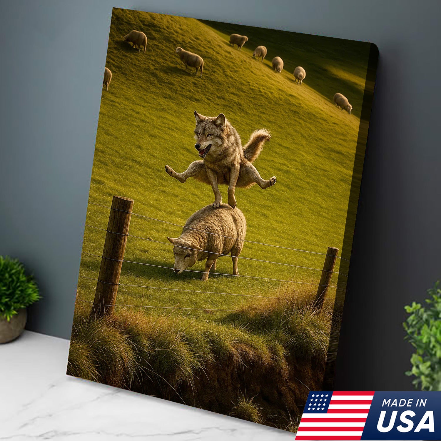 Funny Wolf and Sheep Canvas Wall Art - Hilarious Animal Jump Scene, Rustic Farmhouse Decor for Living Room & Cabin