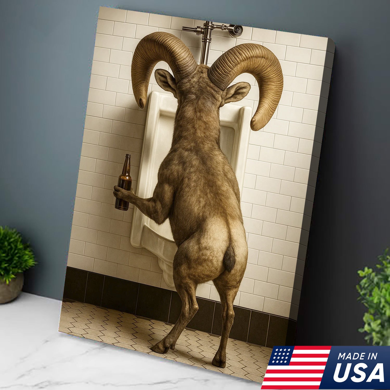 Humorous Big Horn Sheep Canvas Wall Art - Rustic Lodge Bathroom Decor for Cabin and Farmhouse - Wildlife Lover Gift