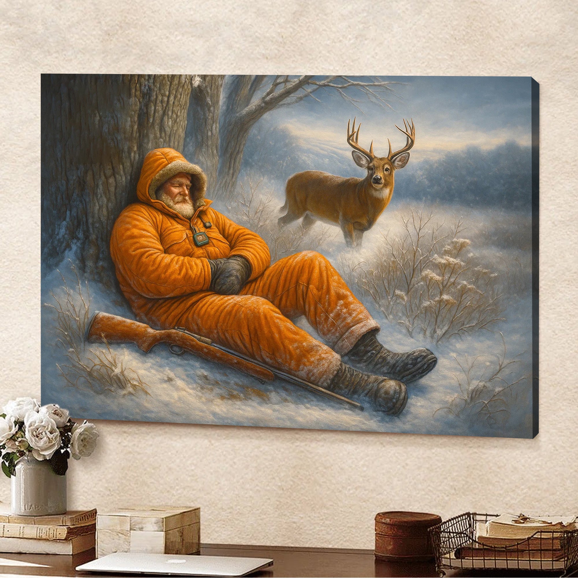 Funny Deer Hunting Canvas Wall Art - Sleeping Hunter Winter Scene - Rustic Lodge and Cabin Decor